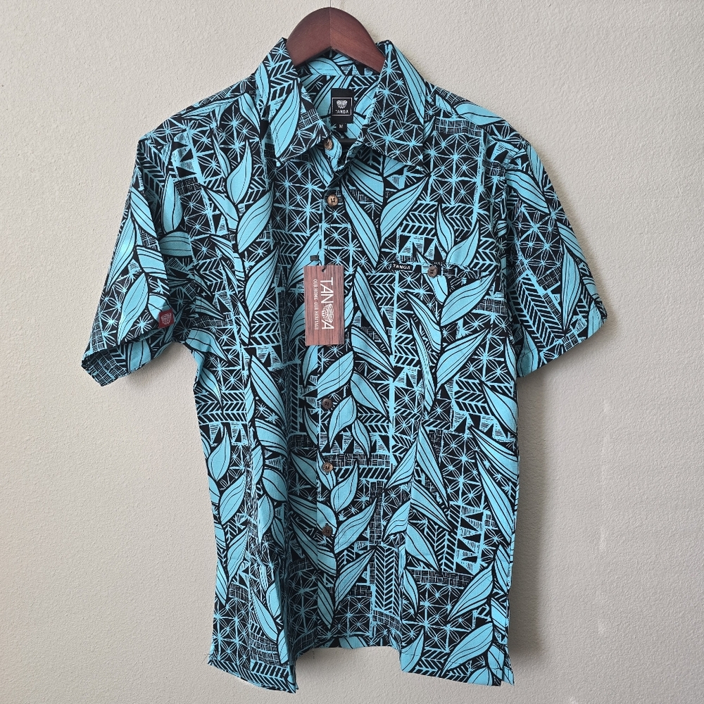 Tanoa Hawaiian Shirt Aqua Blue and Black Men's Medium New